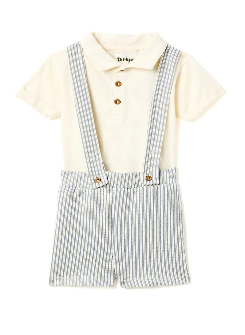 Dirkje Boys set “Seaside Stripes” Cream Polo & Pin-Stripe Suspender Short Set
